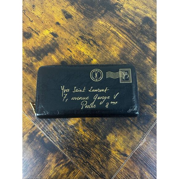 Yves Saint Laurent YSL Vintage Y-Mail Patent Leather Zippy Wallet Black Full Zip - Picture 1 of 16